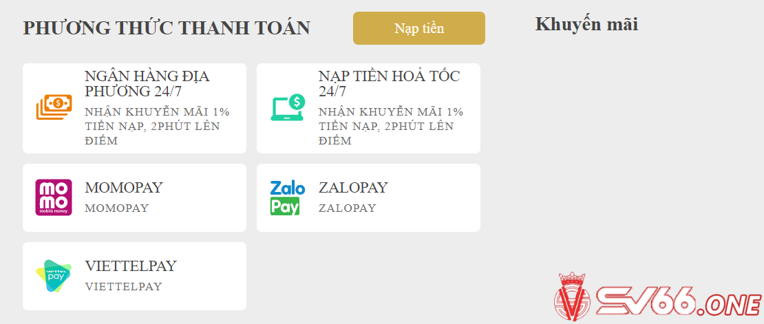 Thực hiện thao tác nạp tiền tại nhà cái SV66